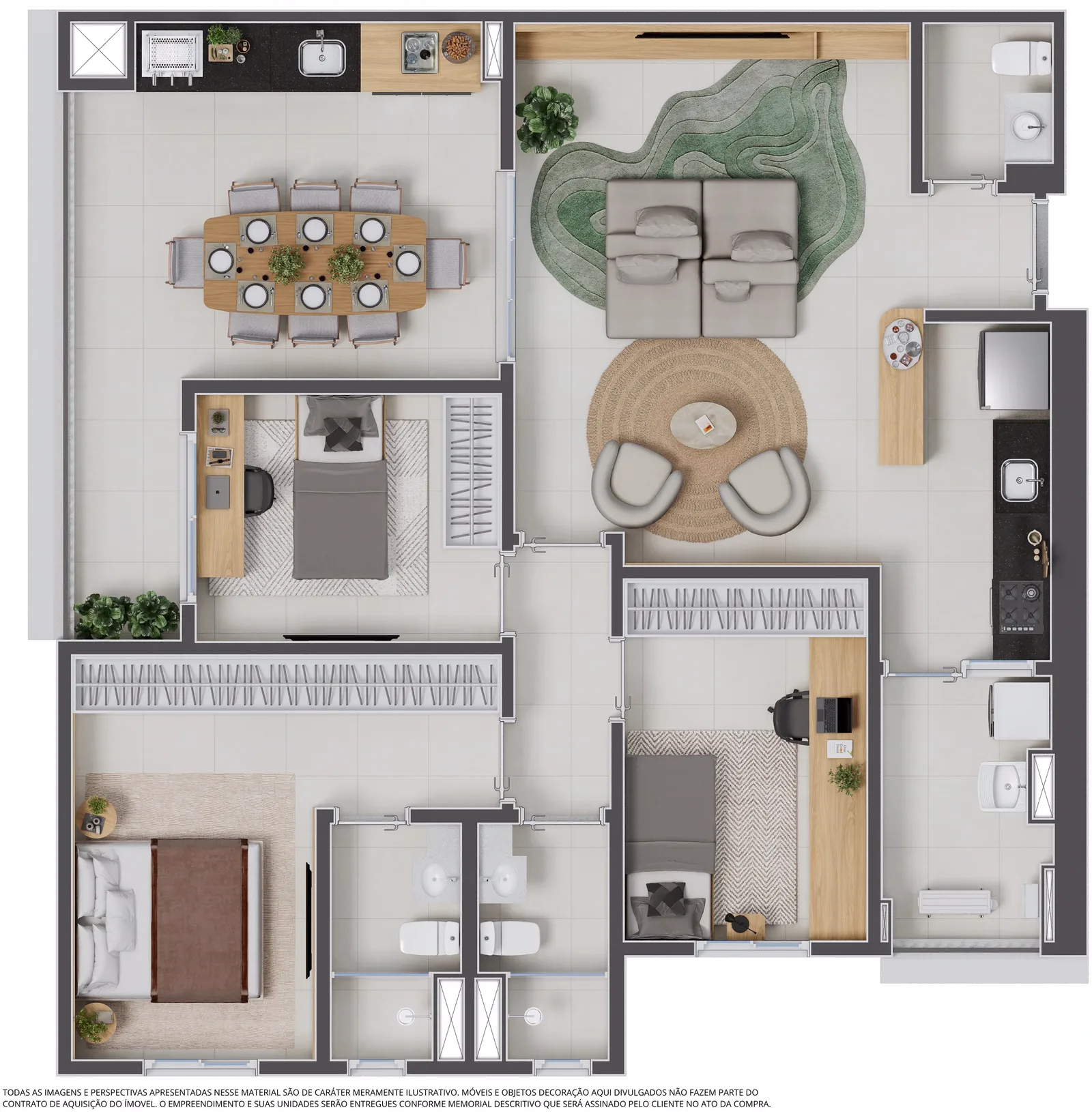 Planta 110 m² — 3 dormitórios, 1 suíte e 3 vagas